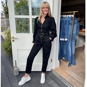 DONNA IDA Edna Jumpsuit XL Utility V-Neck Cotton Ruffle Denim Designer Full Zip